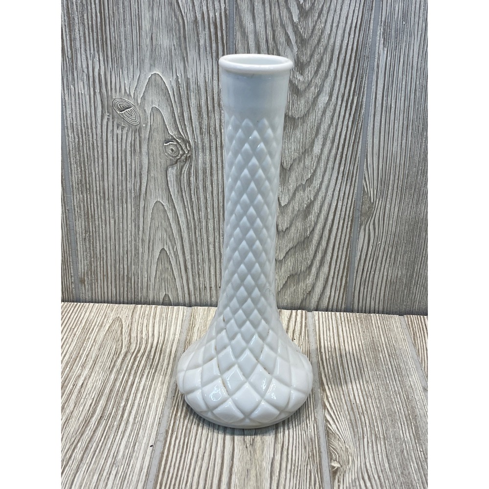 Vintage E.O. Brody White Milk Glass Bud Vase Diamond Point Quilted 8.5" 4092